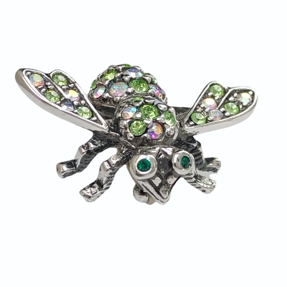 JOAN RIVERS CLEAR AURORA BOREALIS & GREEN CRYSTALS SILVER TONE BUMBLEBEE BROOCH